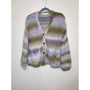 Cupcakes and Cashmere Helena Cardigan Multi-Color Stripe Knit Sweater Buttons S‎